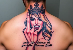 powerful blond findomme princess with crown on, holding up her middle finger laughing at you for being pathetic with caption “your life belongs to Princess Natti” tattoo idea