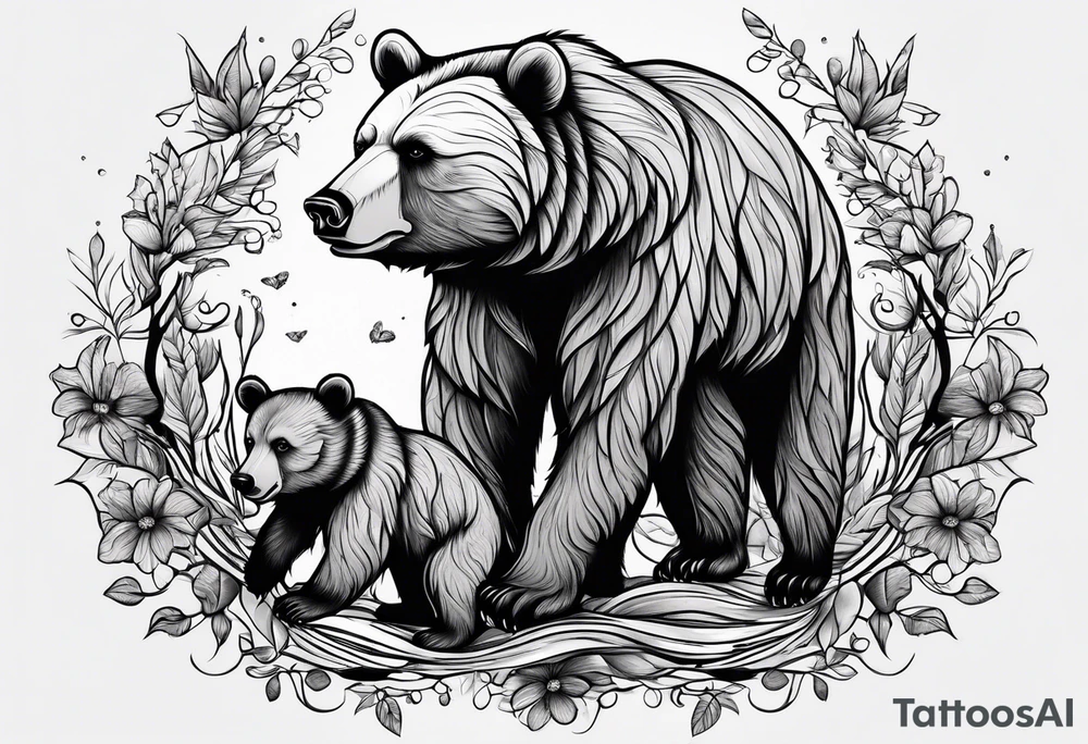 momma bear with 3 cubs tattoo idea