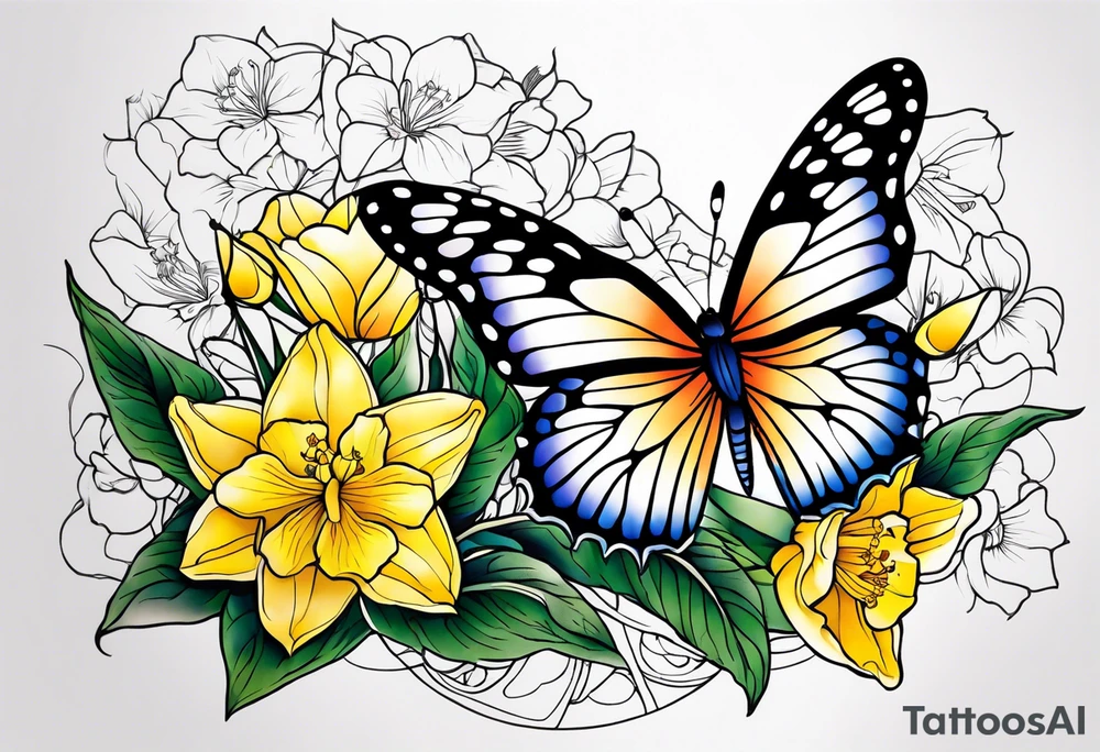 Butterfly, star and daffodils and morning glory tattoo idea