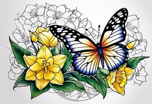 Butterfly, star and daffodils and morning glory tattoo idea