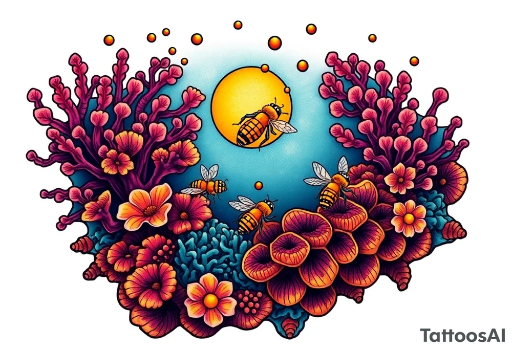 Coral reef scene with honey bees swimming on honey comb tattoo idea