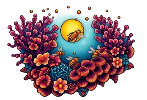 Coral reef scene with honey bees swimming on honey comb tattoo idea