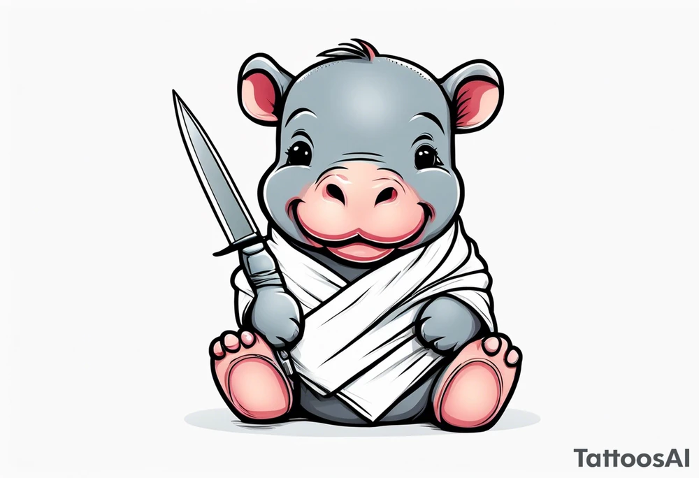 Baby hippopotamus wrapped in a swaddle and holding a knife tattoo idea