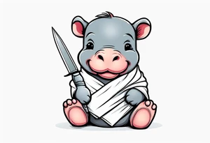 Baby hippopotamus wrapped in a swaddle and holding a knife tattoo idea