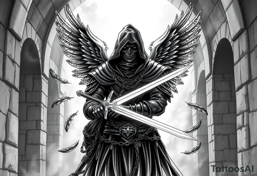 A hooded warrior-angel with obsidian armor wrapped in chains, wielding a glowing sword against a backdrop of ancient stone archways filled with swirling smoke. Burning feathers fall around the figure while ethereal light filters through the arch. tattoo idea