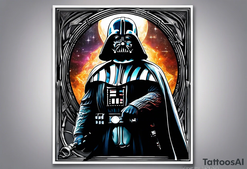 Deathly hallows symbol with Yoda lightsaber, Darth Vader lightsaber, ring of power in the middle tattoo idea