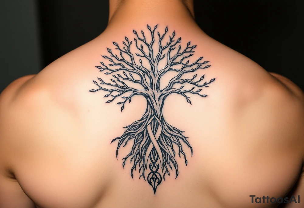 mystical tree of life with cosmic roots and celestial branches with HIV-positive symbol tattoo idea