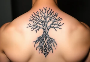 mystical tree of life with cosmic roots and celestial branches with HIV-positive symbol tattoo idea