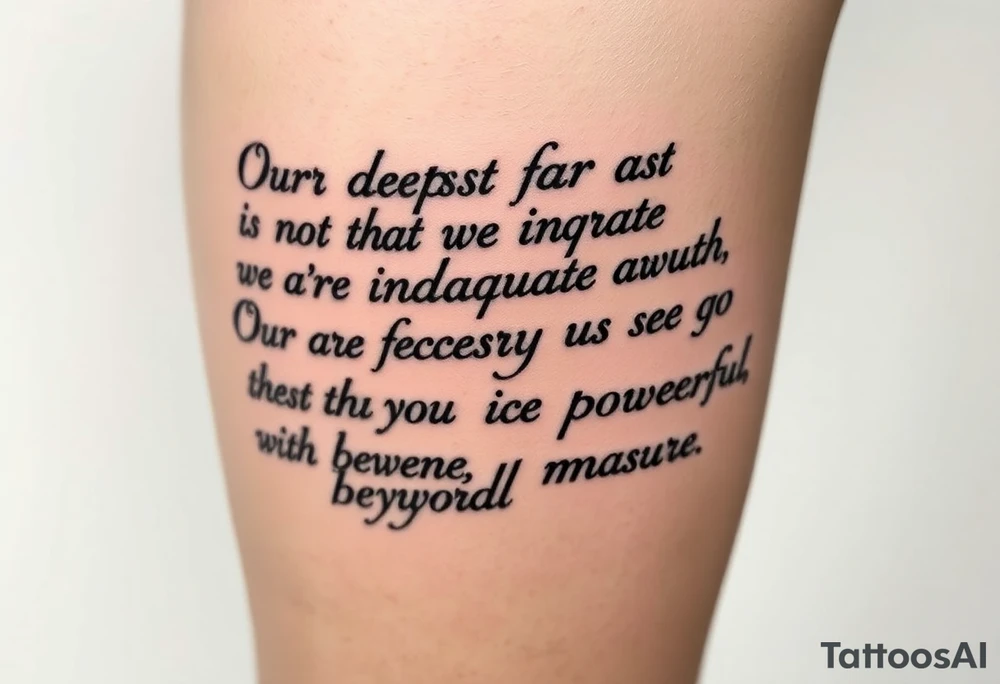 the quote is “ Our deepest fear is not that we are inadequate, Our deepest fear is that we are powerful beyond measure” intertwined with meaningful basketball jerseys or events tattoo idea
