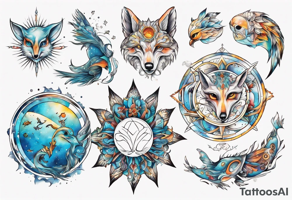 fisch, fuchs und eule , symetrie  sonne, universum, bunt tattoo idea