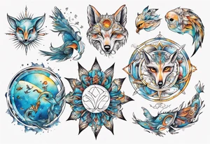 fisch, fuchs und eule , symetrie  sonne, universum, bunt tattoo idea