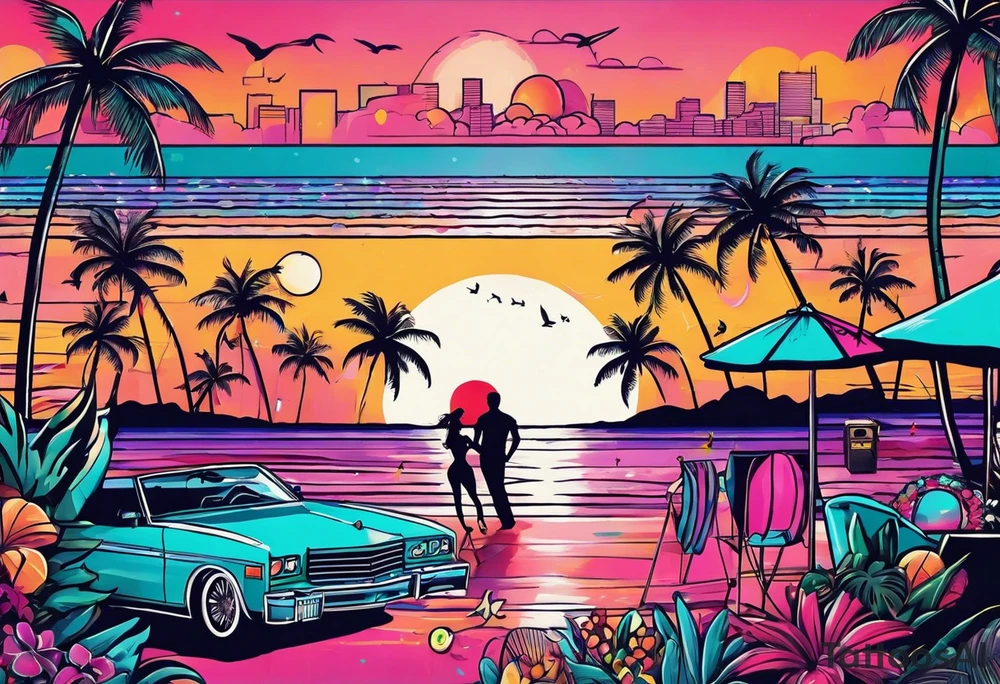 1980's miami vice style beach dance 
party, include confetti, music notes, boom box, bikinis sunset in the center tattoo idea