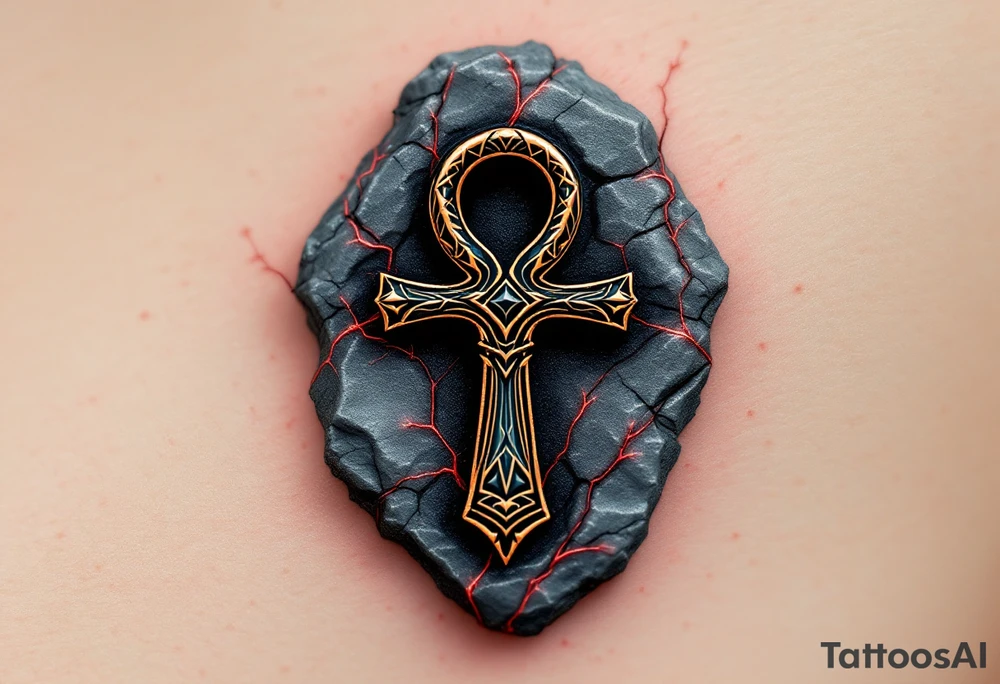 A black and copper ankh embedded into cracked stone with red energy veins surrounding it. tattoo idea