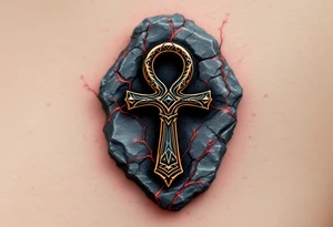 A black and copper ankh embedded into cracked stone with red energy veins surrounding it. tattoo idea