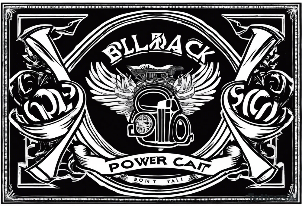 A tattoo of a three-piece motorcycle club patch with a centrepiece a top rocker snd a bottom rocker. 
The centre piece is an image well it’s a drawing of a clenched fist 
The top rocker curves around the top of the centrepiece and has the words “BLACK*POWER” written inside it as specified all in upper case and using the bold condensed benguiat font. The bottom rocker Curves around the bottom of this centrepiece and has the word “WAIKATO” written in it as specified all in uppercase and using the bold condensed benguiat font tattoo idea