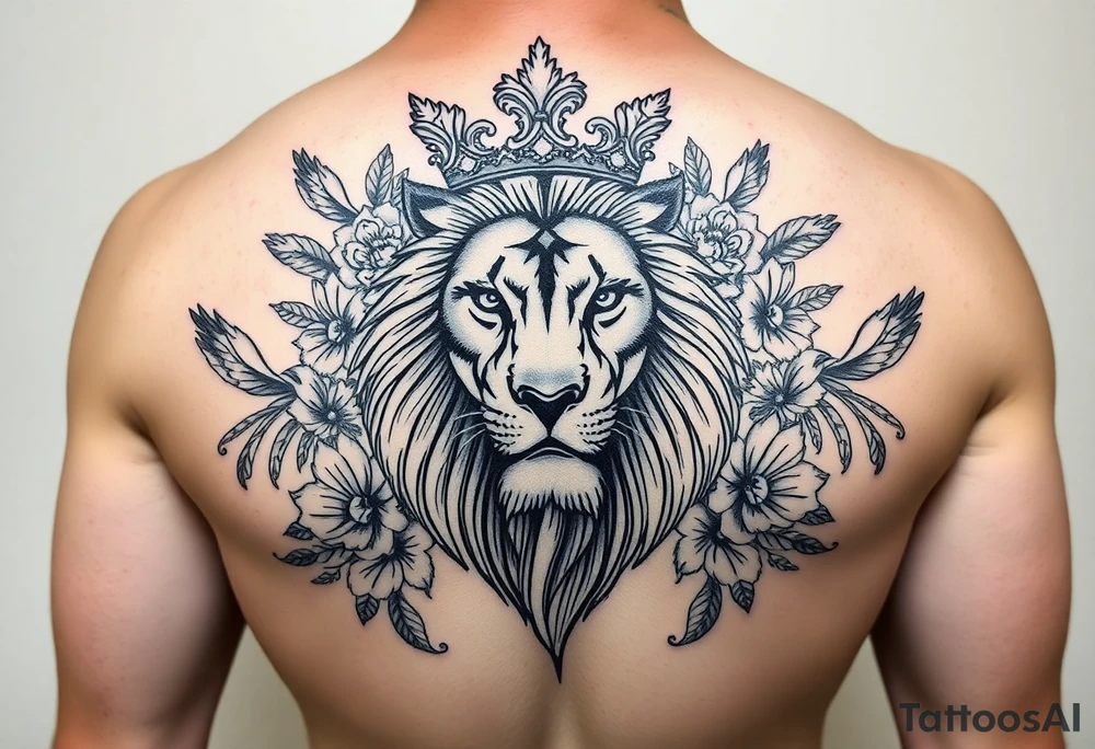 powerful majestic lion with a crown, surrounded by floral ornaments and birds tattoo idea