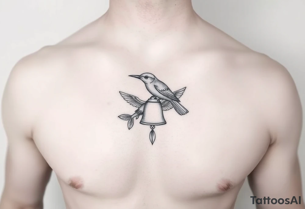minimal fine line bird, bell and fish tattoo, for chest, man. tattoo idea