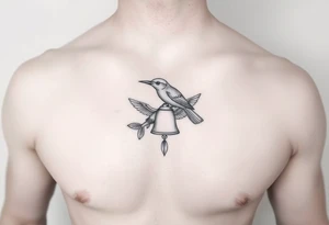minimal fine line bird, bell and fish tattoo, for chest, man. tattoo idea