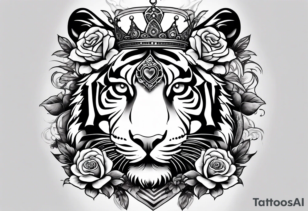 tiger with a crown and third eye with a hour glass instead the hour glass brain cover in in clouds and a heart cover in grass and roots with roses and smoke all over the arm tattoo idea