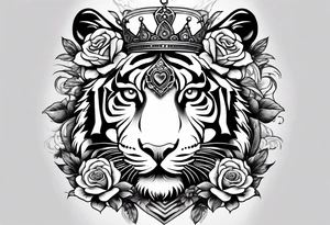 tiger with a crown and third eye with a hour glass instead the hour glass brain cover in in clouds and a heart cover in grass and roots with roses and smoke all over the arm tattoo idea