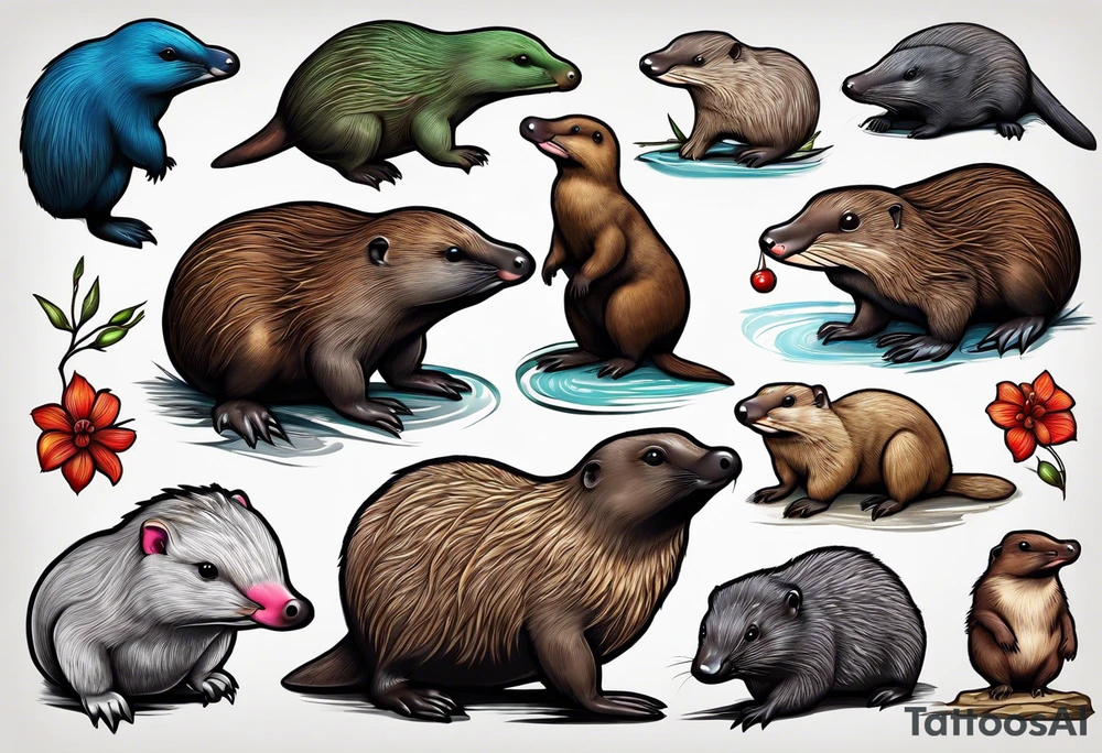 Australian Platypus, Echidna, Wombat & Sugar Glider together tattoo idea
