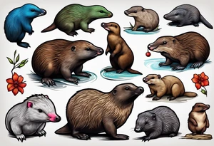 Australian Platypus, Echidna, Wombat & Sugar Glider together tattoo idea