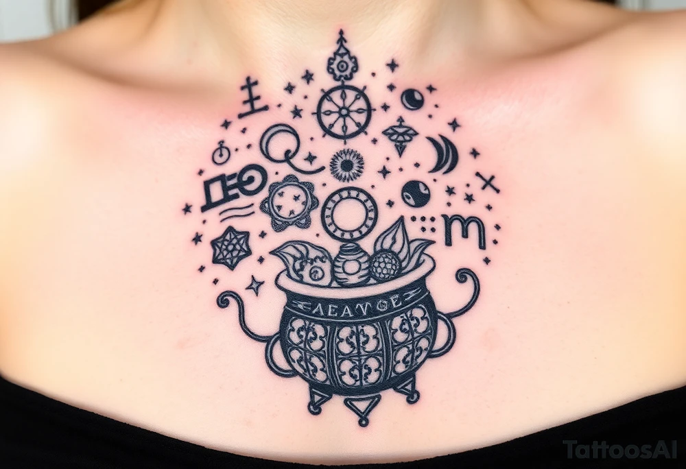 Milky way galaxy filled with zodiac symbols runes tarot cards coming out of a cauldron tattoo idea
