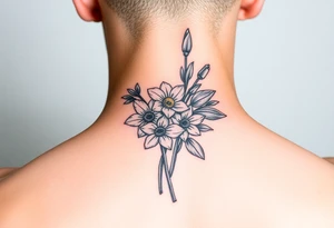 small bit of color, bouquet of daffodils, daisies, lily of the valley tattoo idea