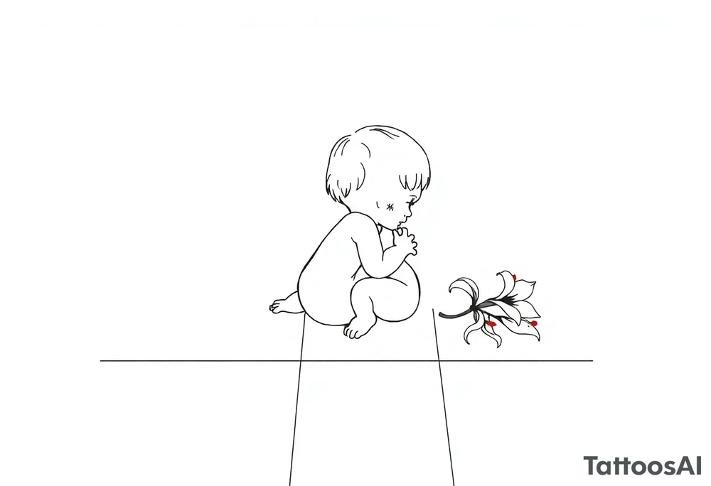 A simple tile floor with a minimalist outline of a curled up child sitting on the floor with a lily next to her tattoo idea