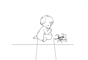 A simple tile floor with a minimalist outline of a curled up child sitting on the floor with a lily next to her tattoo idea