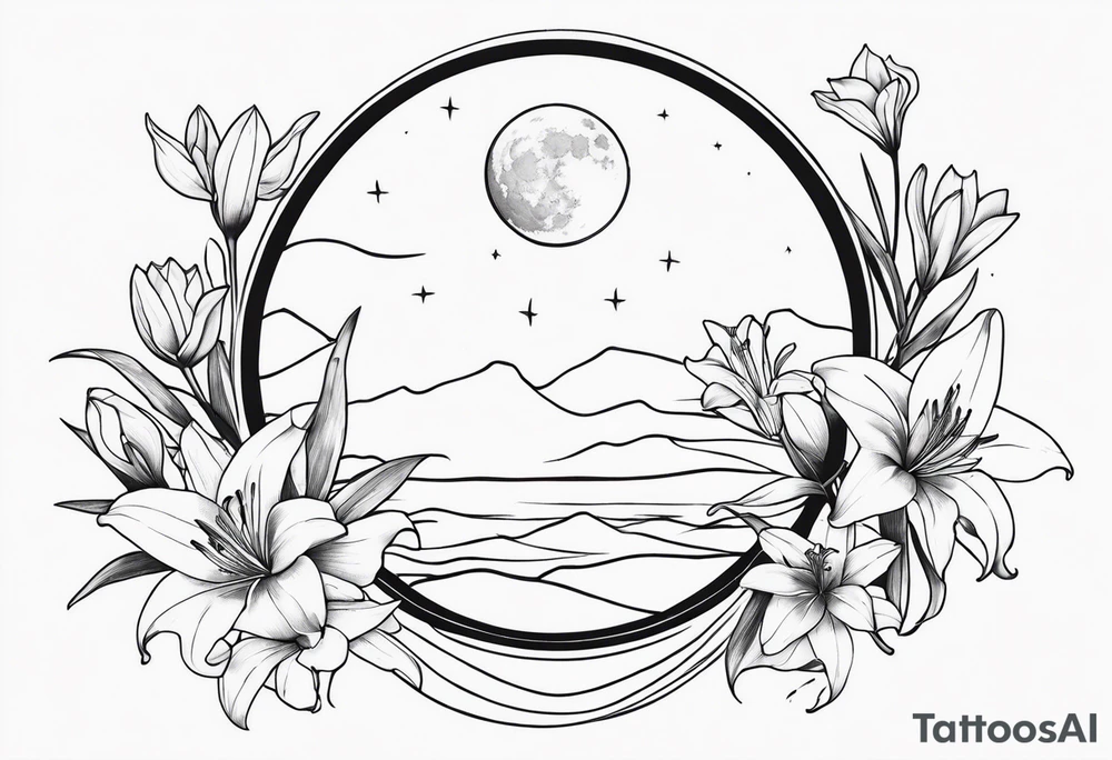 Moon , sword , lilies tattoo idea
