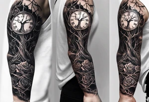 tattoo sleeve, tree roots break out of the chains at the bottom of the hand, Symbolizing loss, an image of a broken mask, Clock with flying numbers, girl, skull, roses tattoo idea