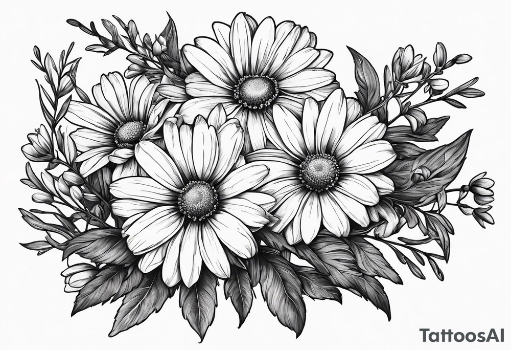 daisies, larkspur, olive stem tattoo idea