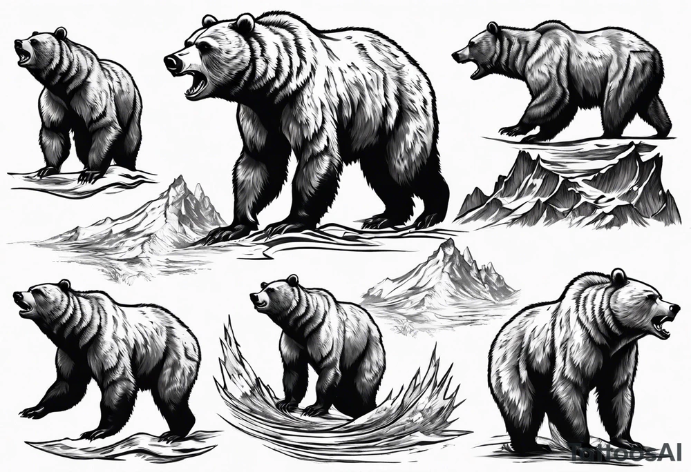 A transparent growling grizzly bear standing on hind legs and inside the bear a realistic depiction of the triglav mountain in slovenia and under the sea pounding the mountain. All inside the bear tattoo idea