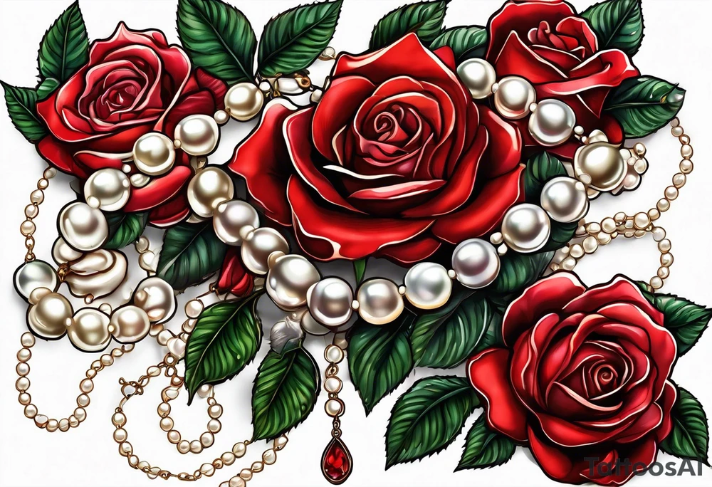 Red rose with a chain made of pearls and seashell tattoo idea