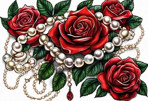 Red rose with a chain made of pearls and seashell tattoo idea