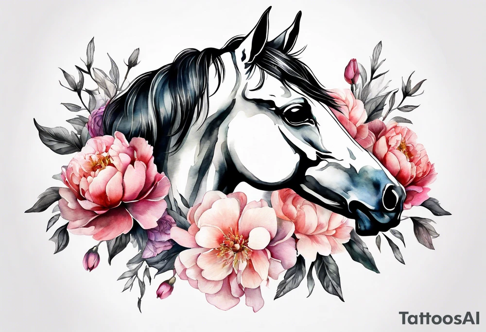 Watercolor horse skull with delicate peonies. tattoo idea
