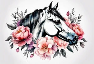 Watercolor horse skull with delicate peonies. tattoo idea