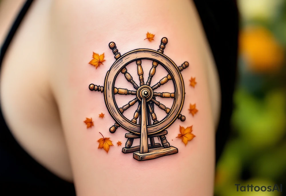 Traditional spinning wheel with detailed wood grain, surrounded by falling leaves in burnt orange and chestnut, symbolizing craft and change. tattoo idea