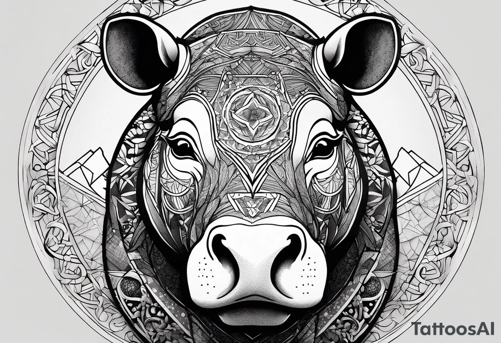 Very asymmetrical, +geometric pattern, with realistic full moon, with seeious looking hippo, +zen feel, + Buddhism touch, +tribal, +geometric
with wintersweet flower bud, +portrait orientation, +inkart touch, tattoo idea