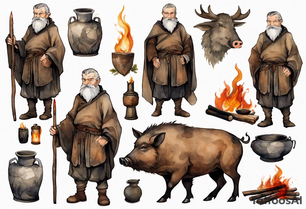 a 55-year-old medieval Bavarian man with a grey beard and broad shoulders wearing a brown and black tunic standing next to a boar by a fire tattoo idea