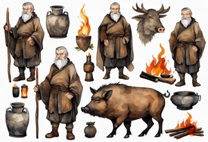 a 55-year-old medieval Bavarian man with a grey beard and broad shoulders wearing a brown and black tunic standing next to a boar by a fire tattoo idea