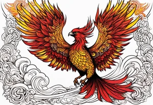 Phoenix rising up from the ashes, in the shades of red and yellow tattoo idea