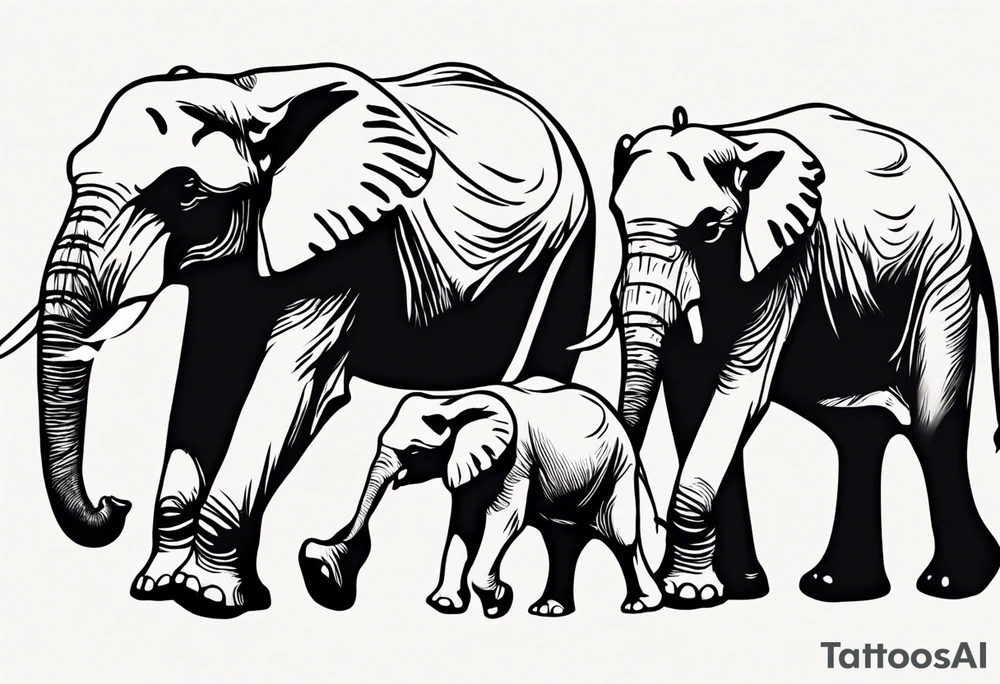 family of 6 elephants walking into sunset tattoo idea