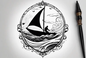 I want a fine tattoo with lots of detail depicting a kitesurfer with a heart-shaped sail inflated by the wind. tattoo idea