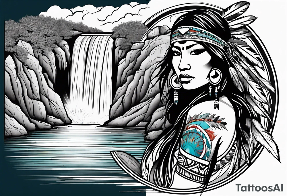 A native American Indian woman by a waterfall she is Aquarius water barrer she has tattoos and her eyes can see right through you tattoo idea