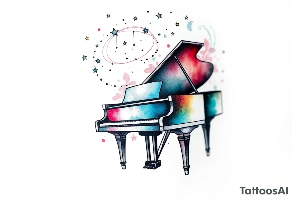 a grand piano under a swirl of stars tattoo idea