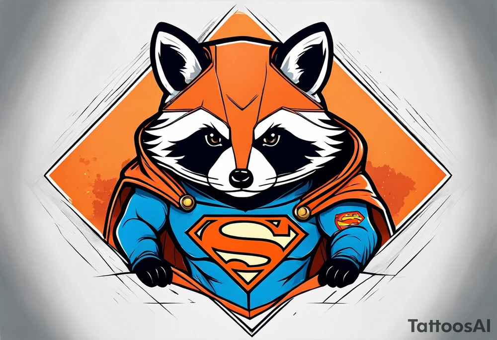 Raccoon wearing an orange Superman hoodie tattoo idea