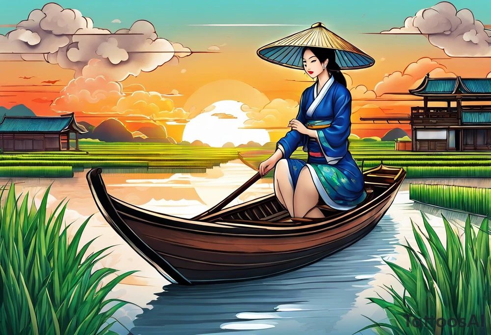 vietnamese lady on boat rice fields water sunset home clouds tattoo idea