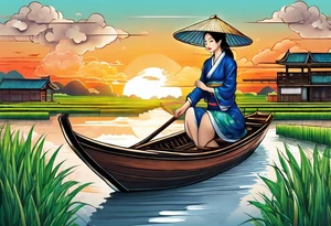 vietnamese lady on boat rice fields water sunset home clouds tattoo idea